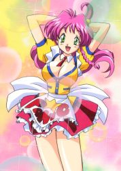 Rule 34 | 1girl, apron, arms behind head, arms up, braid, breasts, cleavage, clothes writing, cowboy shot, detached collar, green eyes, kimura takahiro, large breasts, long hair, official art, open mouth, panic-chan, pink hair, puffy sleeves, red skirt, short sleeves, skirt, solo, waist apron