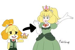 Rule 34 | 2girls, absurdres, animal crossing, animal ears, arm up, arrow (projectile), artist name, black eyes, blonde hair, blush stickers, clenched hand, crown, dog ears, dog girl, dog tail, dress, elbow gloves, female focus, furry, furry female, gloves, green dress, green eyes, green skirt, green vest, hair tie, hand up, happy, highres, isabelle (animal crossing), mantisshrimp, mario (series), multiple girls, neck ribbon, new super mario bros. u deluxe, nintendo, open mouth, outstretched arm, puffy short sleeves, puffy sleeves, red ribbon, ribbon, shirt, short hair, short sleeves, signature, simple background, skirt, smile, standing, super crown, tail, teeth, topknot, vest, white background, white gloves, white shirt