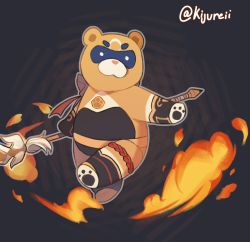 Rule 34 | absurdres, alternate costume, black background, commentary, cosplay, english commentary, fire, full body, genshin impact, guoba (genshin impact), highres, holding, holding polearm, holding weapon, kijureii, no humans, paw print palms, polearm, red panda, simple background, standing, standing on one leg, thighlet, twitter username, weapon, xiangling (genshin impact), xiangling (genshin impact) (cosplay)