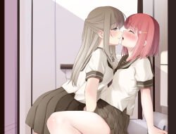 Rule 34 | 2girls, arm support, blue eyes, blush, brown hair, brown sailor collar, brown skirt, closed eyes, closed mouth, commentary request, facing another, from side, hair ornament, hairclip, implied fingering, kozue akari, long hair, looking at another, multiple girls, open mouth, original, pink hair, pleated skirt, profile, puffy short sleeves, puffy sleeves, sailor collar, school uniform, serafuku, shirt, short sleeves, skirt, standing, very long hair, white shirt, yuri