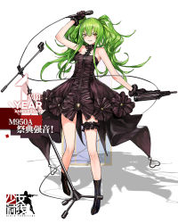 Rule 34 | 1girl, bare shoulders, black dress, black footwear, black gloves, boots, bridal garter, calico light weapons systems, calico m950, calico m950a, character name, cheek pistol, copyright name, double-stack magazine, dress, floating hair, full body, girls&#039; frontline, gloves, green hair, grin, gun, hair between eyes, handgun, helical magazine, high-capacity magazine, highres, holding, holding gun, holding microphone, holding weapon, long hair, looking at viewer, m950a (concert diva!) (girls&#039; frontline), m950a (girls&#039; frontline), machine pistol, microphone, microphone stand, official alternate costume, official art, parted lips, pistol, shadow, sidelocks, simple background, smile, solo, standing, stubby grip, teeth, twintails, vertical forward grip, weapon, white background, yellow eyes, zagala