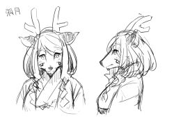 Rule 34 | 1girl, absurdres, animal ears, animal nose, antlers, body fur, breasts, character name, closed mouth, deer ears, facial mark, female focus, from side, furry, furry female, greyscale, happy, highres, horns, japanese clothes, japanese text, kame (3t), kimono, looking at viewer, looking to the side, medium breasts, medium hair, monochrome, multiple views, original, profile, reindeer antlers, reindeer girl, shide, sidelocks, simple background, sketch, smile, snout, split mouth, straight-on, swept bangs, translated, white background, yuzuki (kame (3t))