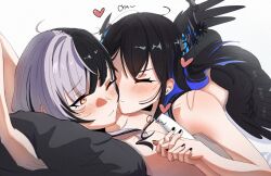 2girls black_hair black_nails blue_hair blush closed_eyes closed_mouth commentary ear_blush hashtag-only_commentary heart highres holding_hands hololive hololive_english horns interlocked_fingers kiss kissing_cheek mole mole_under_eye multicolored_hair multiple_girls nerissa_ravencroft one_eye_closed purple_hair shiori_novella simple_background smile streaked_hair two-tone_hair virtual_youtuber white_background yellow_eyes yorobisan yuri