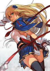 Rule 34 | 1girl, arc system works, black thighhighs, blazblue, blonde hair, bolverk, boots, breasts, from side, gloves, green eyes, gun, hair between eyes, hair ornament, hairclip, holding, holding weapon, hungry clicker, long hair, looking at viewer, noel vermillion, parted lips, pleated skirt, serious, shaded face, sideboob, simple background, skirt, sleeveless, small breasts, solo, thighhighs, weapon, white gloves