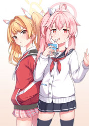 Rule 34 | 2girls, absurdres, ahoge, bendy straw, black legwear, black skirt, blonde hair, blue archive, blue sailor collar, brown eyes, cardigan, closed mouth, drink, drinking straw, gyubu, hair ribbon, halo, hands in pockets, highres, holding, holding drink, jacket, long sleeves, looking at viewer, milk carton, miniskirt, multiple girls, natsu (blue archive), neckerchief, parted lips, pink hair, pink skirt, pleated skirt, red eyes, red jacket, red neckerchief, ribbon, sailor collar, side ponytail, simple background, skirt, track jacket, twintails, waving, white cardigan, white ribbon, yoshimi (blue archive)