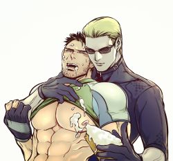 Rule 34 | 2boys, abs, albert wesker, bara, bare pectorals, beard, blonde hair, blush, brown hair, cake, chris redfield, clothes lift, commentary request, facial hair, feeding, food, food on body, food on face, green shirt, hair slicked back, holding, holding cake, holding food, large pectorals, lifting another&#039;s clothes, male focus, mature male, multiple boys, muscular, muscular male, nipple press, nipple stimulation, nipples, pectorals, resident evil, shirt, shirt lift, short hair, sideburns, snaaaking, stomach, stubble, sunglasses, upper body, yaoi