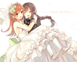 Rule 34 | 10s, 2girls, :d, ^ ^, black hair, braid, bride, brown eyes, brown hair, dress, english text, closed eyes, flower, formal, gem, gloves, groom, hair flower, hair ornament, high heels, jewelry, kantai collection, kitakami (kancolle), long hair, multiple girls, necklace, ooi (kancolle), open mouth, pendant, personification, shoes, smile, suit, tiara, toosaka asagi, wedding dress, white legwear, wife and wife, yuri