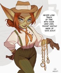 Rule 34 | 1girl, absurdres, artist name, brown gloves, brown hat, colored skin, english text, female goblin, freckles, glasses, gloves, goblin, green eyes, green pants, green skin, hand on own hip, hat, highres, large ears, looking at viewer, maewix (artist), neckerchief, orange hair, orange neckerchief, original, pants, pinstripe pants, pinstripe pattern, pocket watch, pointy ears, round eyewear, shirt, smile, solo, speech bubble, watch, white shirt