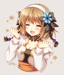 Rule 34 | 1girl, ayamisiro, black bow, blush, bow, breasts, brown hair, cleavage, collarbone, detached collar, closed eyes, facing viewer, flower, grey background, hair bow, hair flower, hair ornament, hairband, highres, leia rolando, medium breasts, open mouth, shirt, short hair, signature, simple background, smile, solo, star (symbol), tales of (series), tales of xillia, upper body, w arms, white hairband, white shirt