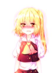 Rule 34 | 1girl, bad id, bad pixiv id, blonde hair, blush, crying, crying with eyes open, female focus, flandre scarlet, messy hair, no headwear, no headwear, orange eyes, ponytail, red eyes, riichu, short hair with long locks, side ponytail, solo, tears, embodiment of scarlet devil, touhou, wavy mouth