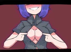 Rule 34 | 1girl, black shirt, blue hair, blush, breasts, cleavage, doce, female focus, freckles on breasts, grin, head out of frame, highres, open clothes, open shirt, original, red background, shirt, short hair, smile, solo, unbuttoned, unbuttoned shirt, upper body, xiao (docecaedrus)