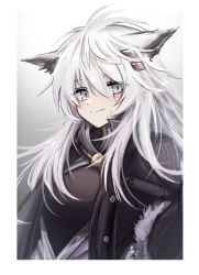 Rule 34 | 1girl, 3 (sanyako1), animal ears, arknights, black jacket, black shirt, border, fur trim, grey eyes, hair between eyes, hair ornament, hairclip, highres, jacket, lappland (arknights), lappland (refined horrormare) (arknights), long hair, looking at viewer, messy hair, official alternate costume, one-hour drawing challenge, open clothes, open jacket, scar, scar across eye, shirt, smile, solo, upper body, white border, white hair, wolf ears