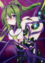 Rule 34 | 1girl, absurdres, ass, bare shoulders, blue eyes, bound, breasts, butt crack, crop top, female focus, green hair, green heart (neptunia), headgear, highres, horns, large breasts, long hair, looking at viewer, mizunashi (second run), navel, neptune (series), next green, nipples, one eye closed, ponytail, power symbol, power symbol-shaped pupils, purple eyes, restrained, shin jigen game neptune vii, single horn, solo, symbol-shaped pupils, tears, tentacles, vert (neptunia), very long hair