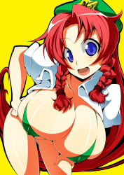 Rule 34 | 1girl, bent over, blue eyes, bottomless, braid, breasts, bursting breasts, female focus, hat, hong meiling, huge breasts, leaning forward, red hair, smile, solo, star (symbol), embodiment of scarlet devil, toudori, touhou, twin braids