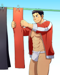 Rule 34 | 1boy, abs, bara, bare pectorals, bulge, ei (marutendon), feet out of frame, fundoshi, hanging, jacket, japanese clothes, large pectorals, long sideburns, male focus, male underwear, muscular, muscular male, navel, nipples, original, pants, pectorals, red jacket, red pants, short hair, sideburns, smile, solo, stomach, thick thighs, thighs, track jacket, underwear, unworn pants, white male underwear