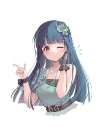 Rule 34 | ;o, asymmetrical clothes, belt buckle, blunt bangs, blunt ends, blush, breasts, buckle, collarbone, cropped torso, dress, earrings, finger gun, flower, glint, gloves, green dress, green hair, hair flower, hair ornament, highres, idolmaster, idolmaster million live!, idolmaster million live! theater days, jewelry, kitakami reika, long hair, looking at viewer, medium breasts, necklace, notice lines, nys, one eye closed, pearl necklace, simple background, single bare shoulder, single glove, upper body, very long hair, white background