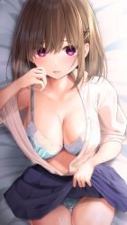 Rule 34 | 1girl, absurdres, bed sheet, blue bra, blue panties, blue skirt, blush, bra, breasts, brown hair, childhood friend-chan (ramchi), cleavage, clothes lift, collared shirt, dress shirt, hair ornament, hairclip, hand up, highres, large breasts, lifted by self, long hair, looking at viewer, lying, miniskirt, off shoulder, on back, on bed, open clothes, open mouth, open shirt, original, paid reward available, panties, pleated skirt, purple eyes, ramchi, shirt, shirt tucked in, signature, skirt, skirt lift, solo, sweat, textless version, thigh gap, unbuttoned, underwear, white shirt, x hair ornament