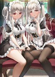 Rule 34 | 2girls, absurdres, apron, black bow, black bowtie, black ribbon, black thighhighs, blush, bow, bowtie, breasts, closed mouth, frilled apron, frills, grey hair, hair bow, highres, hiragi ringo, indoors, large breasts, long hair, looking at viewer, maid, maid apron, maid headdress, multiple girls, original, parted lips, red eyes, ribbon, siblings, sitting, thighhighs, twins, zettai ryouiki