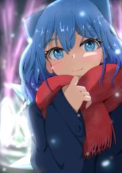 Rule 34 | 1girl, alternate costume, blue bow, blue eyes, blue hair, blue jacket, blush, bow, casual, cirno, commentary request, contemporary, fang, fang out, hair between eyes, hair bow, highres, ice, ice wings, jacket, long sleeves, looking at viewer, mizune (winter), red scarf, scarf, short hair, skin fang, smile, solo, touhou, upper body, wings