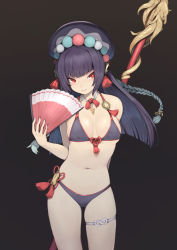 Rule 34 | 1girl, absurdres, bare arms, bare shoulders, bikini, black background, black bikini, black hair, black hat, breasts, closed mouth, commentary, english commentary, eyebrows hidden by hair, folding fan, genshin impact, hand fan, hat, highres, holding, holding fan, long hair, looking at viewer, navel, red eyes, rou (rou22), simple background, small breasts, smile, solo, standing, swimsuit, weapon, weapon on back, yun jin (genshin impact)