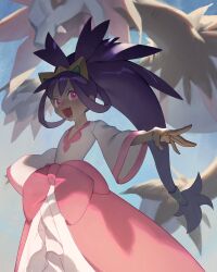 Rule 34 | 1girl, absurdres, black hair, blurry, blurry background, creatures (company), dark-skinned female, dark skin, dress, fang, game freak, gen 5 pokemon, givemeyourtmi, hair rings, highres, hydreigon, iris (pokemon), long hair, looking at viewer, low-tied long hair, multiple heads, nintendo, open mouth, outstretched arms, pink dress, pink eyes, pink skirt, pokemon, pokemon (creature), pokemon bw2, shaded face, shadow, skirt, tiara, wide sleeves