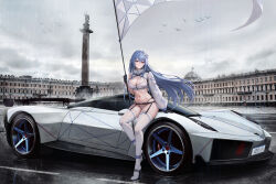 Rule 34 | 1girl, absurdres, alternate costume, architecture, arm support, azur lane, bandeau, bikini, bikini bottom only, bird, black gloves, blue hair, breasts, car, cleavage, closed mouth, cloud, cloudy sky, commentary, dome, flag, floating hair, flower, full body, garter belt, garter straps, geometric pattern, gloves, grey sky, hair between eyes, hair flower, hair ornament, high heels, highres, holding, holding pole, jacket, kcar66t, large breasts, license plate, long hair, long sleeves, looking at viewer, motor vehicle, navel, outdoors, pole, product placement, purple eyes, race queen, rain, real world location, russia, saint petersburg, shrug (clothing), sidelocks, single sleeve, sitting, sitting on car, sky, solo, sports car, statue, swimsuit, thighhighs, thong, vehicle focus, vehicle request, very long hair, voroshilov (azur lane), white bandeau, white bikini, white footwear, white jacket, white thighhighs, winter palace, zipper