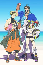 Rule 34 | 1girl, 2boys, achilles (fate), badge, bare shoulders, beard, bikini, black hair, black shorts, blouse, blue hair, blue shirt, blush, breasts, button badge, camouflage, cleavage, edward teach (fate), edward teach (midsummer gentleman) (fate), facial hair, fate/apocrypha, fate/grand order, fate (series), fearless diver (fate), goggles, goggles on head, green headwear, headphones, headphones around neck, highres, jacket, large breasts, long hair, long sleeves, looking at viewer, multicolored hair, multiple boys, mustache, navel, off shoulder, open clothes, open jacket, open mouth, red hair, sei shounagon (fate), sei shounagon (swimsuit berserker) (fate), shirt, short hair, short shorts, shorts, sidelocks, smile, swimsuit, thigh strap, thighs, twintails, visor cap, wada arco, white bikini, white jacket, yellow eyes