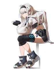 Rule 34 | 1girl, absurdres, airseal, animal ears, ankle boots, arknights, aurora (arknights), aurora (elite ii) (arknights), bear ears, belt, belt pouch, bike shorts, black footwear, black gloves, black hairband, black shorts, blue eyes, blush, boots, chinese commentary, clawed boots, closed mouth, commentary request, crop top, cup, full body, gloves, hair ornament, hair over one eye, hairband, hairclip, highres, holding, holding cup, hood, hood down, infection monitor (arknights), knee pads, long hair, long sleeves, looking away, looking to the side, midriff, pouch, puffy long sleeves, puffy sleeves, short shorts, shorts, silver hair, simple background, sitting, smile, solo, thighlet, very long hair, white background