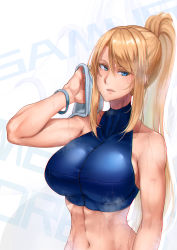 Rule 34 | 1girl, abs, absurdres, blonde hair, bracelet, breasts, crop top, highres, jewelry, looking at viewer, metroid, metroid fusion, navel, nintendo, ponytail, samus aran, solo, steaming body, stomach, sweat, togin, towel, upper body, wiping face