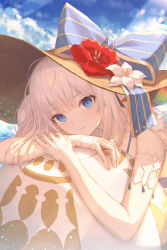 Rule 34 | 1girl, ball, bare shoulders, bikini, blue bow, blue eyes, blue sky, bow, closed mouth, cloud, day, fate/grand order, fate (series), flower, hat, hat bow, hiera12, light rays, long hair, looking at viewer, marie antoinette (fate), marie antoinette (fate/grand order), marie antoinette (swimsuit caster) (fate), marie antoinette (swimsuit caster) (third ascension) (fate), outdoors, red flower, sky, solo, striped, striped bow, sun hat, sunbeam, sunlight, swimsuit, white hair