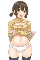 Rule 34 | 1girl, bad id, bad pixiv id, breasts, brown eyes, brown hair, cleavage, cleavage cutout, clothes lift, clothing cutout, looking at viewer, meme attire, mo-fu, navel, open-chest sweater, open mouth, original, panties, ribbed sweater, short twintails, solo, sweater, sweater lift, thighhighs, twintails, underwear, white panties