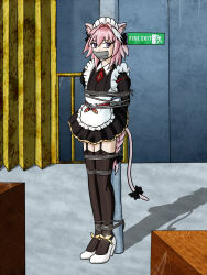 Rule 34 | 1boy, astolfo (fate), bdsm, bondage, bound, bound ankles, bound arms, bound legs, bound wrists, crossdressing, fate/grand order, fate (series), highres, kidnapped, looking at viewer, maid, non-web source, pink hair, purple eyes, self-upload, trap