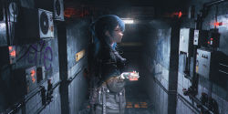 Rule 34 | 1girl, absurdres, air conditioner, arrow (symbol), bag, black gloves, black jacket, blue hair, box, cable, ceiling light, drainpipe, earrings, faucet, fluorescent lamp, from behind, giving, gloves, graffiti, grin, gun, gun on back, half updo, hallway, hand up, highres, holding, holding box, homutan (syjg2733), incoming food, jacket, jewelry, long hair, long sleeves, looking at viewer, looking back, multiple earrings, original, profile, rainbow, rifle, smile, solo, upper body, weapon, weapon on back