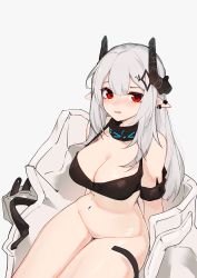 Rule 34 | 1girl, arknights, black collar, bodysuit, bottomless, breasts, cleavage, collar, cowboy shot, demon horns, earclip, grey hair, groin, hair between eyes, horns, infection monitor (arknights), inniyik, large breasts, long hair, looking at viewer, material growth, mudrock (arknights), no pussy, open bodysuit, open clothes, open mouth, oripathy lesion (arknights), pointy ears, red eyes, simple background, sitting, solo, thighs, white background, white bodysuit