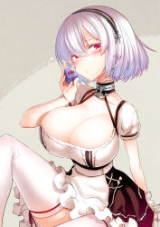 Rule 34 | 1girl, anchor, anchor choker, azur lane, blush, breasts, choker, cleavage, collarbone, commentary request, gift, hair between eyes, hairband, half-closed eyes, hand up, head tilt, hitotose rin, holding, holding gift, huge breasts, lace-trimmed choker, lace-trimmed hairband, lace trim, looking at viewer, puffy sleeves, red eyes, ribbon, short hair, short sleeves, sidelocks, sirius (azur lane), solo, thighhighs, thighs, valentine, white hair, white thighhighs