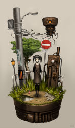 Rule 34 | 1girl, arms behind back, bag, bird, black hair, can, floating island, flower, gia, grass, grey background, highres, lamppost, machine, no entry sign, puddle, road sign, sign, simple background, solo, twintails, water