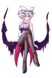 Rule 34 | 1girl, alternate costume, alternate eye color, alternate hairstyle, ankle ribbon, aura, bare shoulders, blonde hair, blush, bow, breasts, cleavage, crossed legs, detached collar, elbow gloves, eyes visible through hair, footwear bow, full body, gap (touhou), gloves, gradient eyes, hair between eyes, hand on own thigh, hat, hat ribbon, high heels, highres, lace, lace legwear, leg ribbon, leotard, long legs, looking to the side, mob cap, multicolored eyes, outline, pantyhose, parted lips, playboy bunny, purple eyes, purple footwear, purple leotard, ribbon, shiny clothes, shiny skin, shoes, short hair with long locks, sideways glance, simple background, sitting, small breasts, smile, solo, touhou, welchsbinn, white background, white gloves, yakumo yukari, yellow eyes