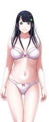 Rule 34 | 1girl, black hair, blue eyes, bra, breasts, game cg, large breasts, legs, long hair, looking at viewer, navel, p/a: potential ability, panties, sei shoujo, simple background, smile, solo, standing, takajyou yuna, thighs, underwear, white background