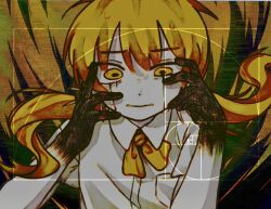 Rule 34 | 1girl, abstract background, black hands, black tears, blonde hair, breast pocket, cai (cabbage 0j0), collared shirt, colored extremities, colored skin, commentary, dress shirt, english commentary, floating hair, furrowed brow, golden number (vocaloid), golden spiral, grimace, hands on own face, hands up, highres, long hair, looking ahead, low twintails, multicolored background, neck ribbon, nervous sweating, pocket, ribbon, shirt, short sleeves, solo, straight-on, sweat, twintails, upper body, vocaloid, white shirt, yellow background, yellow eyes, yellow ribbon
