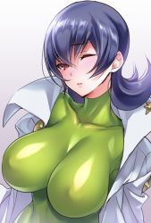 Rule 34 | 1girl, blue hair, bodysuit, breasts, coat, collarbone, covered erect nipples, creatures (company), eyebrows, eyelashes, flipped hair, game freak, gym leader, hair between eyes, hizuki akira, large breasts, looking at viewer, nintendo, one eye closed, parted lips, pokemon, pokemon hgss, red eyes, sabrina (pokemon), skin tight, solo, turtleneck, upper body, white background, white coat