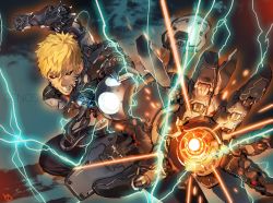 Rule 34 | 1boy, black sclera, blonde hair, character name, colored sclera, cyborg, genos, hair between eyes, male focus, manly, mechanical parts, one-punch man, solo, sparks, yd (orange maru), yellow eyes