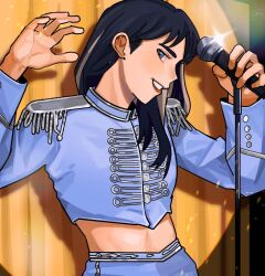 Rule 34 | 1girl, black hair, blue eyes, blue jacket, blue pants, brown hair, chinese commentary, epaulettes, glint, holding, holding microphone, jacket, k-pop, light particles, looking at viewer, mai su su yu, mamamoo, microphone, microphone stand, midriff peek, moonbyul (mamamoo), multicolored hair, pants, parted lips, real life, red lips, smile, solo, streaked hair