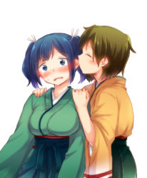Rule 34 | 10s, 2girls, biting, blue eyes, blue hair, blush, breasts, closed eyes, ear biting, eargasm, green hair, hair ribbon, hands on another&#039;s shoulders, hiryuu (kancolle), japanese clothes, kantai collection, kimono, kiss, large breasts, looking at viewer, misocha, multiple girls, open mouth, ribbon, short twintails, simple background, souryuu (kancolle), twintails, uncommon stimulation, upper body, white background, yuri