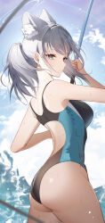 Rule 34 | 1girl, absurdres, animal ear fluff, animal ears, ass, bare arms, bare shoulders, black one-piece swimsuit, blue archive, blue eyes, blue halo, blue one-piece swimsuit, blue sky, blurry, blurry foreground, breasts, closed mouth, cloud, commentary, competition swimsuit, day, earrings, eucha, extra ears, fishing rod, from side, grey hair, halo, highres, holding, holding fishing rod, jewelry, low ponytail, medium breasts, multicolored clothes, multicolored swimsuit, official alternate costume, one-piece swimsuit, outdoors, shiroko (blue archive), shiroko (swimsuit) (blue archive), sky, solo, stud earrings, swimsuit, two-tone swimsuit, water, water drop, wedgie, wolf ears
