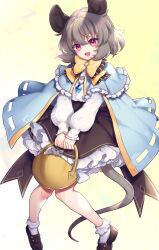Rule 34 | 1girl, :d, animal ears, basket, black footwear, black skirt, blue cape, blush, bow, bowtie, cape, commentary, frilled skirt, frilled sleeves, frills, full body, grey hair, hair between eyes, holding, holding basket, jewelry, knees together feet apart, long sleeves, looking at viewer, mouse (animal), mouse ears, mouse girl, mouse tail, nazrin, open mouth, pendant, red eyes, shirt, shoes, short hair, simple background, skirt, smile, socks, solo, tail, teeth, tomobe kinuko, touhou, upper teeth only, white shirt, white socks, yellow background, yellow bow, yellow bowtie