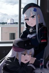 Rule 34 | 2girls, absurdres, aqua eyes, beret, black gloves, black headwear, blue hair, breasts, building, cloud, cloudy sky, energy drink, g11 (girls&#039; frontline), german flag, girls&#039; frontline, gloves, grey eyes, grey hair, hair ornament, hairclip, hand on own cheek, hand on own face, hat, highres, hinami047, hk416 (girls&#039; frontline), light blue hair, long hair, long sleeves, looking at another, looking away, medium breasts, multiple girls, one eye closed, open mouth, red bull, scenery, sidelocks, sitting, sky, tactical clothes, teardrop facial mark, teardrop tattoo, upper body, window