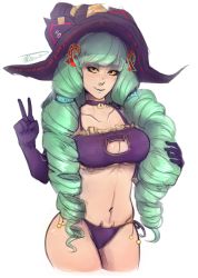 Rule 34 | 1girl, artist request, breasts, cleavage, drawfag, female focus, fiore brunelli, green hair, large breasts, long hair, meme attire, solo, source request, star ocean, star ocean integrity and faithlessness