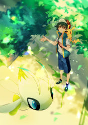 Rule 34 | 1boy, absurdres, ash ketchum, baseball cap, black hair, blue footwear, blue vest, brown eyes, celebi, creatures (company), day, from above, game freak, gen 1 pokemon, gen 2 pokemon, hands up, hat, highres, legendary pokemon, looking up, mythical pokemon, nintendo, on shoulder, open clothes, open hand, open vest, outdoors, pikachu, pokemon, pokemon (anime), pokemon (creature), pokemon on shoulder, pokemon journeys, red headwear, shirt, shoes, short hair, short sleeves, shorts, smile, spiked hair, standing, tree, tree shade, vest, white shirt, wuhuohuohuo