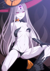 Rule 34 | 1girl, abigail williams (fate), abigail williams (third ascension) (fate), ass, black panties, breasts, cleavage, fate/grand order, fate (series), grin, hat, keyhole, long hair, looking at viewer, nu (plastic eraser), pale skin, panties, purple eyes, purple hair, small breasts, smile, solo, tentacles, topless, underwear, very long hair, witch hat