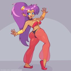 Rule 34 | 1girl, animated, animated gif, arabian clothes, ass, ass shake, bare shoulders, blue eyes, bouncing breasts, breasts, choker, cleavage, dancing, large breasts, long hair, navel, open mouth, ponytail, purple hair, shantae, shantae (series), solo, strapless, supersatanson, underboob